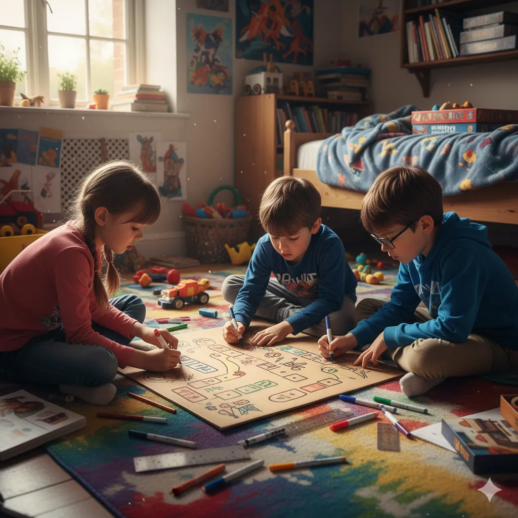 kids creating a board game
