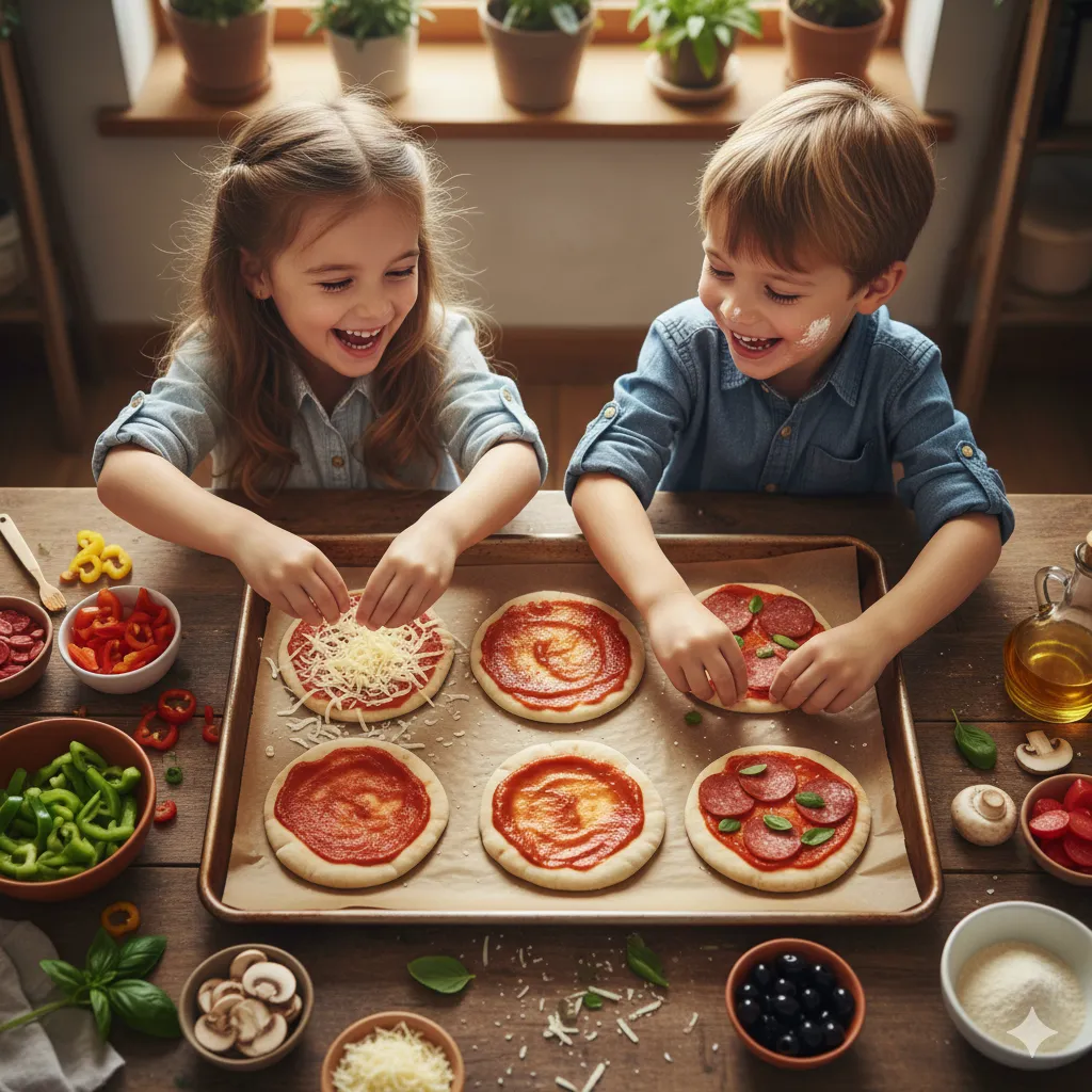 Two kids laughing while putting toppings on pita pizzas