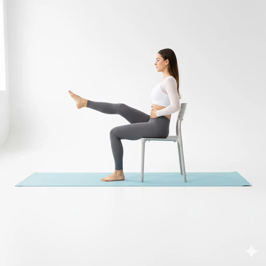woman sitting on a chair with a leg off the ground