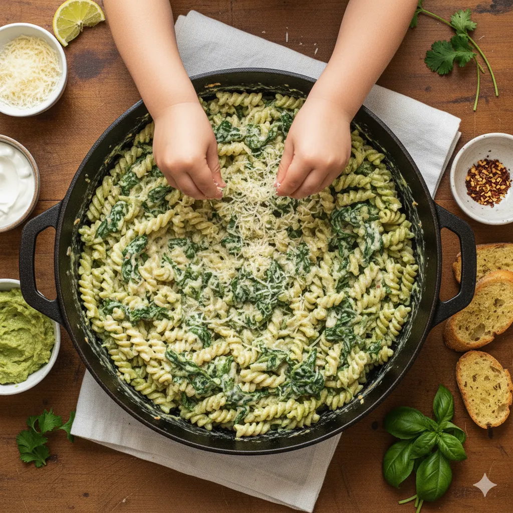 child hands adding parmesan on a spinach pasta