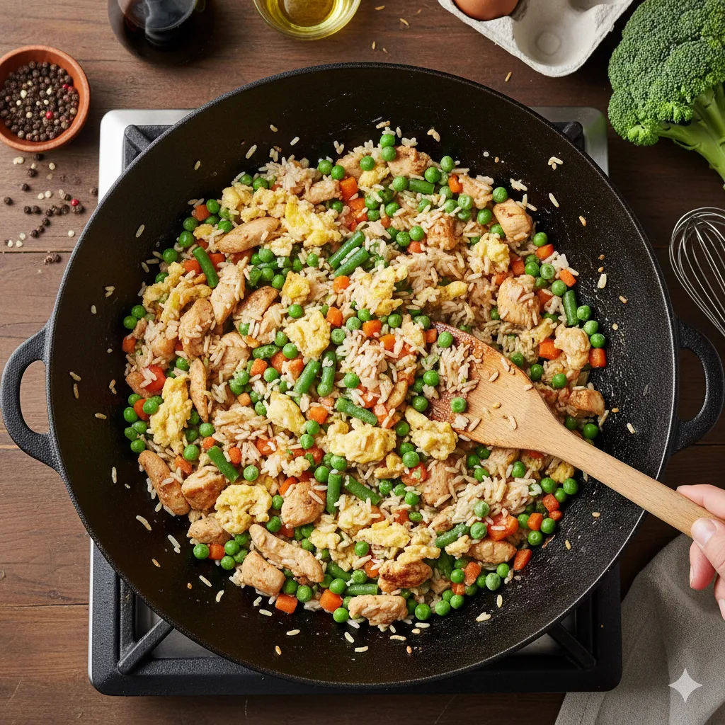 a wok full of rice with vegetables, eggs and chicken in it