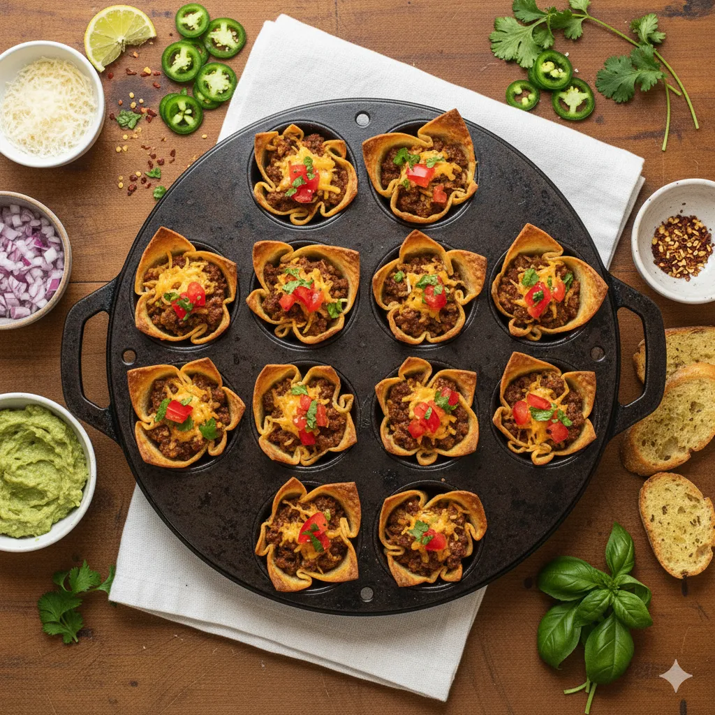 taco cups made of wontons in muffin tins